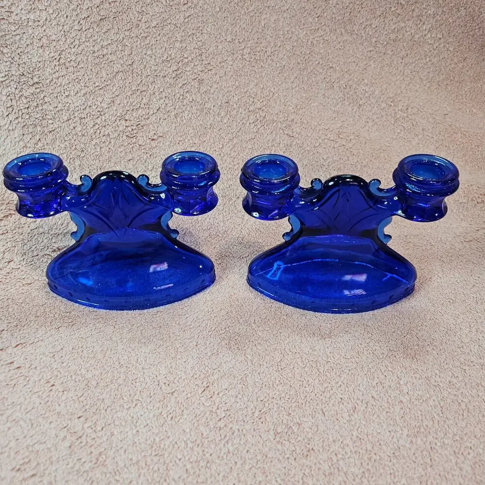 Vintage L.E. Smith Mount Pleasant Cobalt Blue Double Candlestick Holders Pair